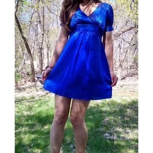 Betsey Johnson Silk Dress Women's 4 Blue Satin Puff Sleeve Mini Sash USA Made